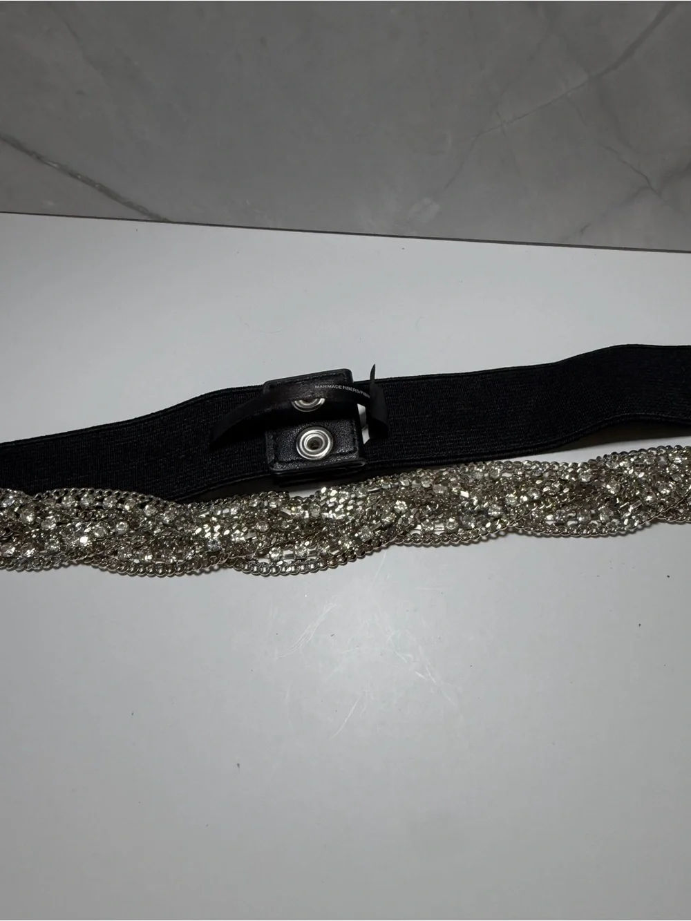 Express black elastic waist belt sparkling silver tone rhinestone beaded